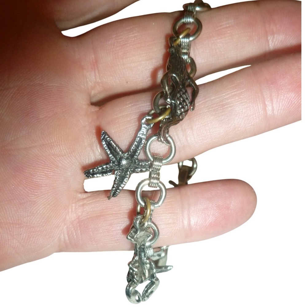 Vintage Nautical Charm‎ Bracelet Silver Tone Mermaid Horseshoe Crab Lobster Sea